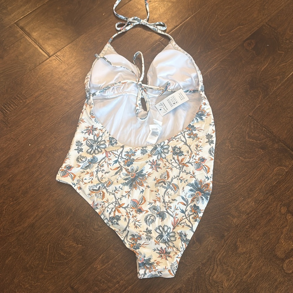Cupshe White Floral Halter One-Piece Swimsuit with Teal & Orange Print - Picture 3 of 4